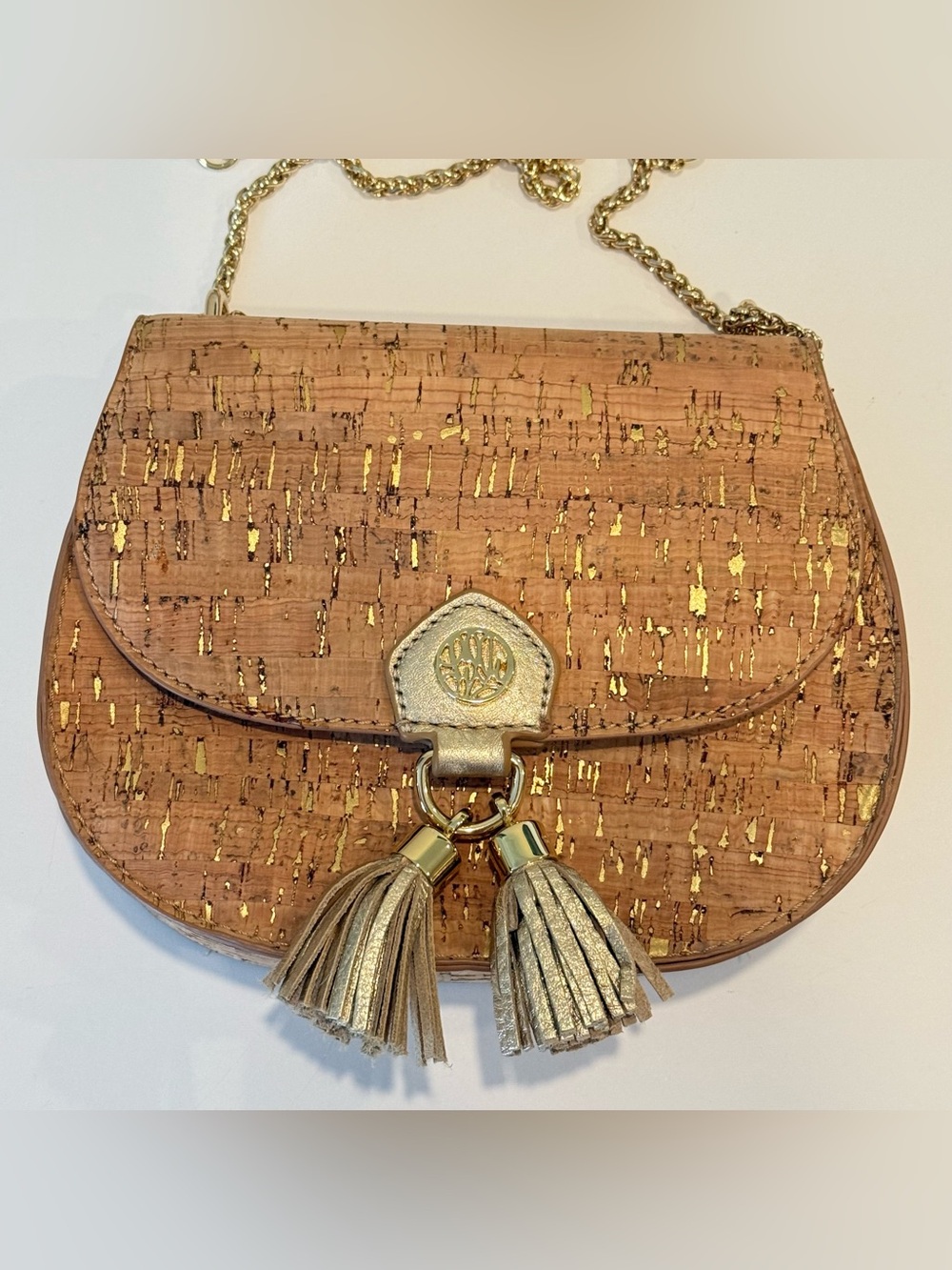 Lilly Pulitzer Sirena Cork Gold Metallic Crossbody Bag Chain Strap & Tassel - Picture 5 of 13